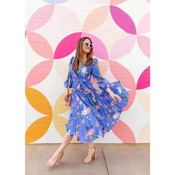 Eliza J Pleated Faux Wrap Dress In blue size 12p - Picture 1 of 9